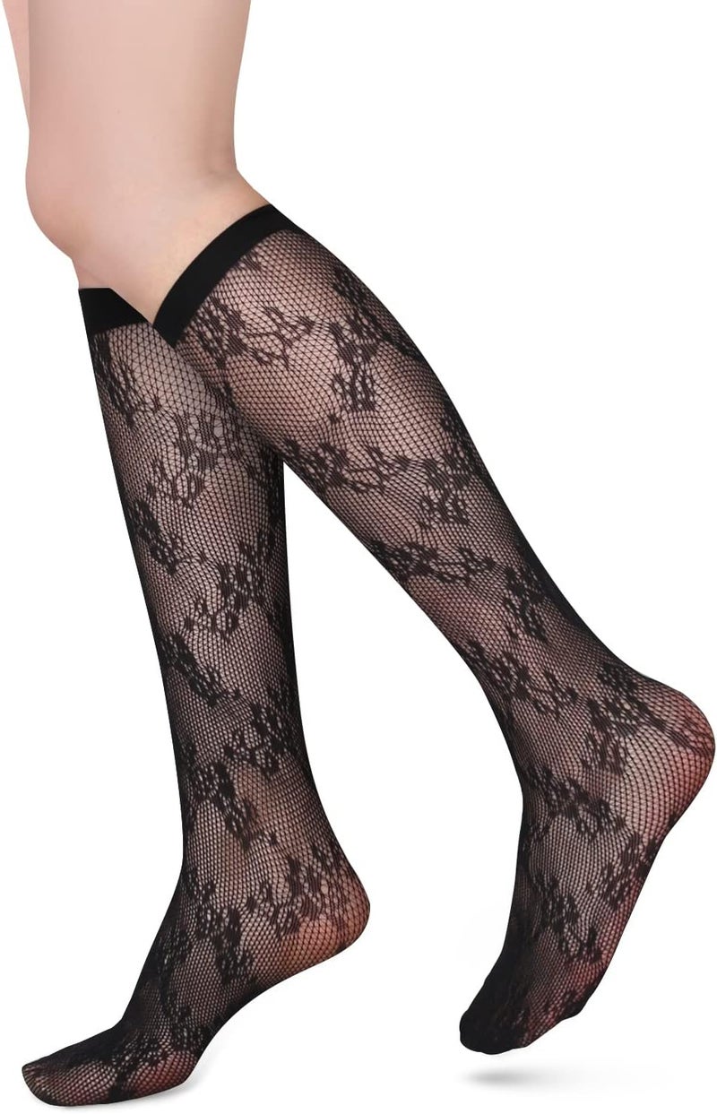 Benefeet Sox Womens Fishnet Knee High Socks White Black Lace Mesh Sexy Stockings Hollow Out Sheer Tube Calf Sock - Image 1